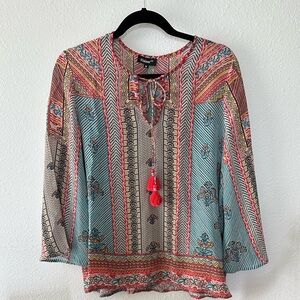 Tolani Boho Multicolor Tie-Neck Peasant Blouse Size Medium